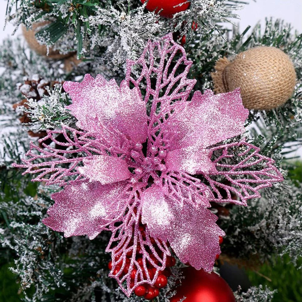 10pcs/set Christmas Glitter Flower 10cm Gold Silver Red Artificial Floral Head Xmas Tree Decoration Home New Year Navidad Gift