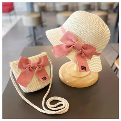 Kids Hat For Girls 3-8Y Straw Children's Sunshade Cap Bag Summer Baby Travel Sunscreen Beach Hat Sun Fisherman Cap Fashion Style