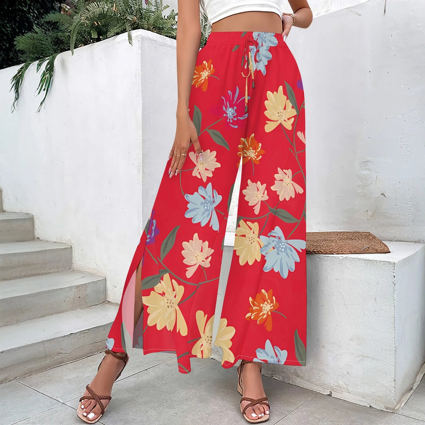 Women's clothing 2025 spring/summer new item custom casual slim fit floral mid waist fashionable wide leg pants beach pants low