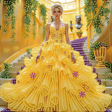 Load image into Gallery viewer, Diamond Painting Set - Elegant Scene of Woman in Yellow Dress on Stairs, Home Wall Decoration, with Special Shaped Rhinestones,
