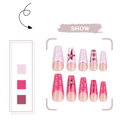 24pcs Glossy French False Nail Coffin Star Design Pink Purple Nude Artificial Nail for Hand Decoration Nail Art