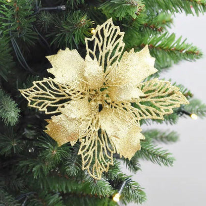 10pcs/set Christmas Glitter Flower 10cm Gold Silver Red Artificial Floral Head Xmas Tree Decoration Home New Year Navidad Gift