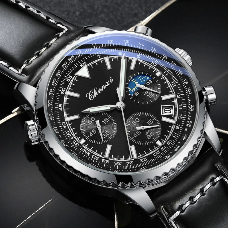 Business Watches for Men Genuine Leather Wristwatch Luxury Top Brand Men's Watches Waterproof Chronograph Sport Watches 520