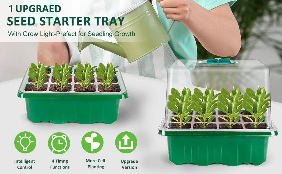 Seed starter tray with grow lights, 1 seed germination kit with adjustable humidity dome, seedling starter tray with raised lid.
