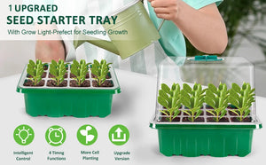 Seed starter tray with grow lights, 1 seed germination kit with adjustable humidity dome, seedling starter tray with raised lid.