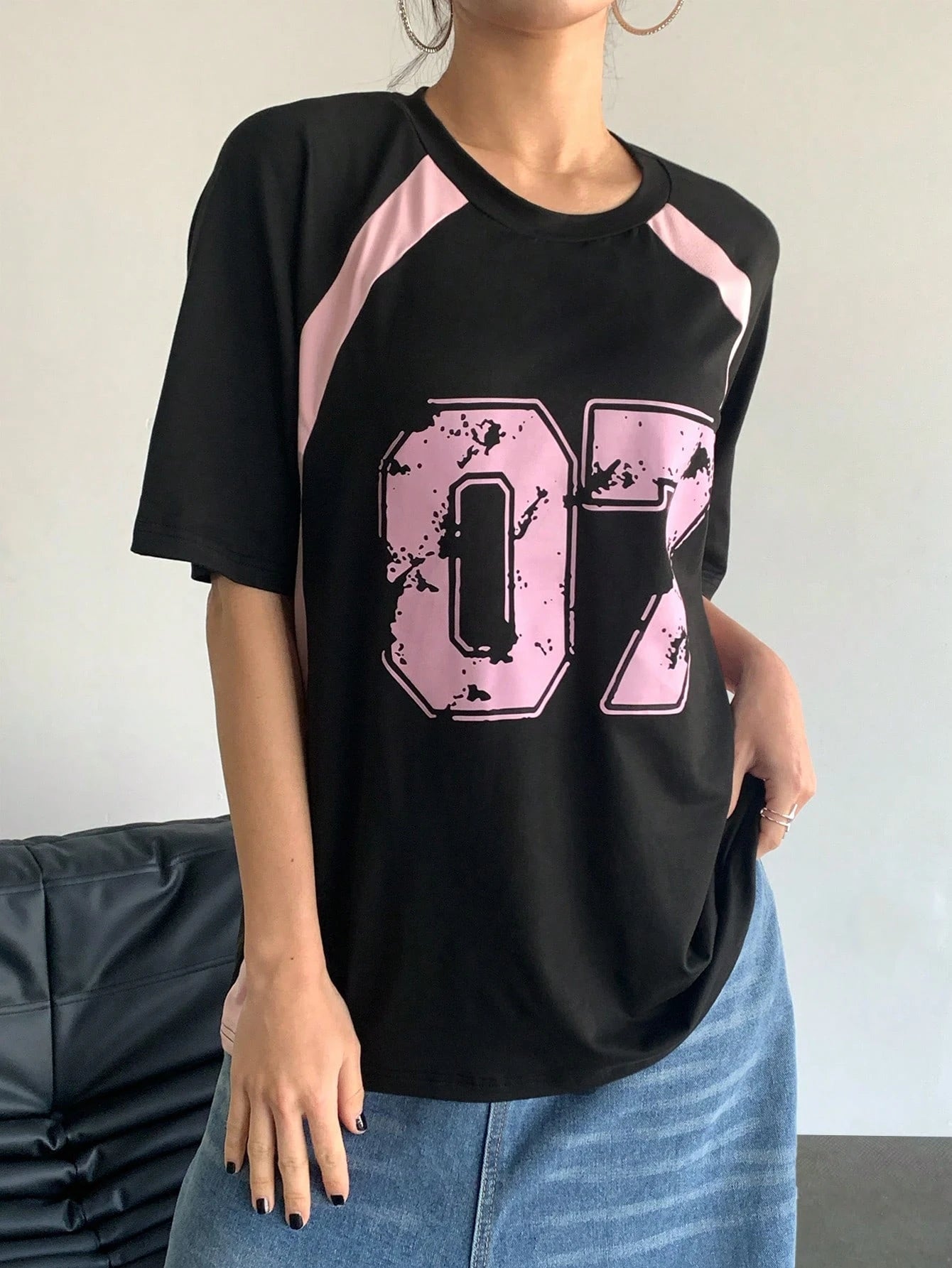 Women's Clothing Fashion Casual Crew Neck Contrast Color Number 07 Print Streetwear T-Shirt Sports Jerseys And Fashionable Tops