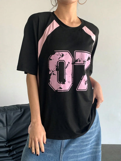 Women's Clothing Fashion Casual Crew Neck Contrast Color Number 07 Print Streetwear T-Shirt Sports Jerseys And Fashionable Tops