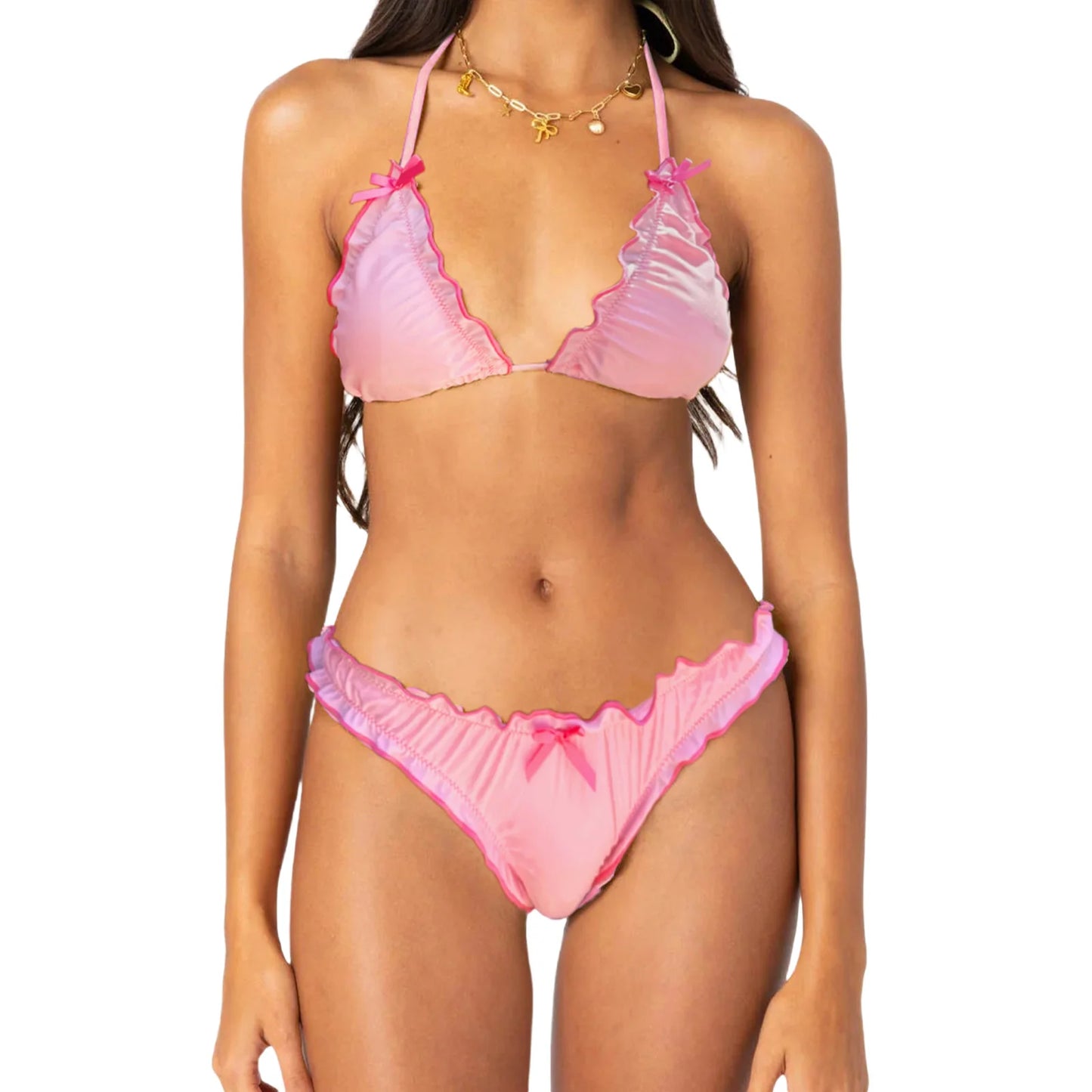 Women s Ruffle Trim Halter Neck Tie-up Bikini Set with High Waisted Bottoms for Beach Pool Party Outfits