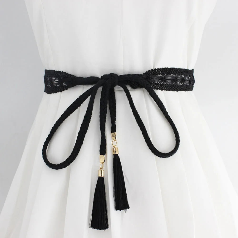 Women Waist Belt Rope Braided Waistband Woven Tassel Thin Belt Female Knot Decorated Waistband Hot Casual Solid Black Belts