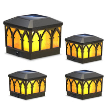 Load image into Gallery viewer, 4 Pack Solar Flame Post Cap Lights, 2 Modes (Flame/Warm), IPX5, Fit 3.5x3.5/4x4 Posts, for Deck/Fence/Yard, Vinyl/Wooden

