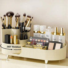 Load image into Gallery viewer, Rotating Makeup Organizer for Vanity with Brush Holder Cosmetic Storage Spinning Skincare Countertop Perfume Lotion Display Case

