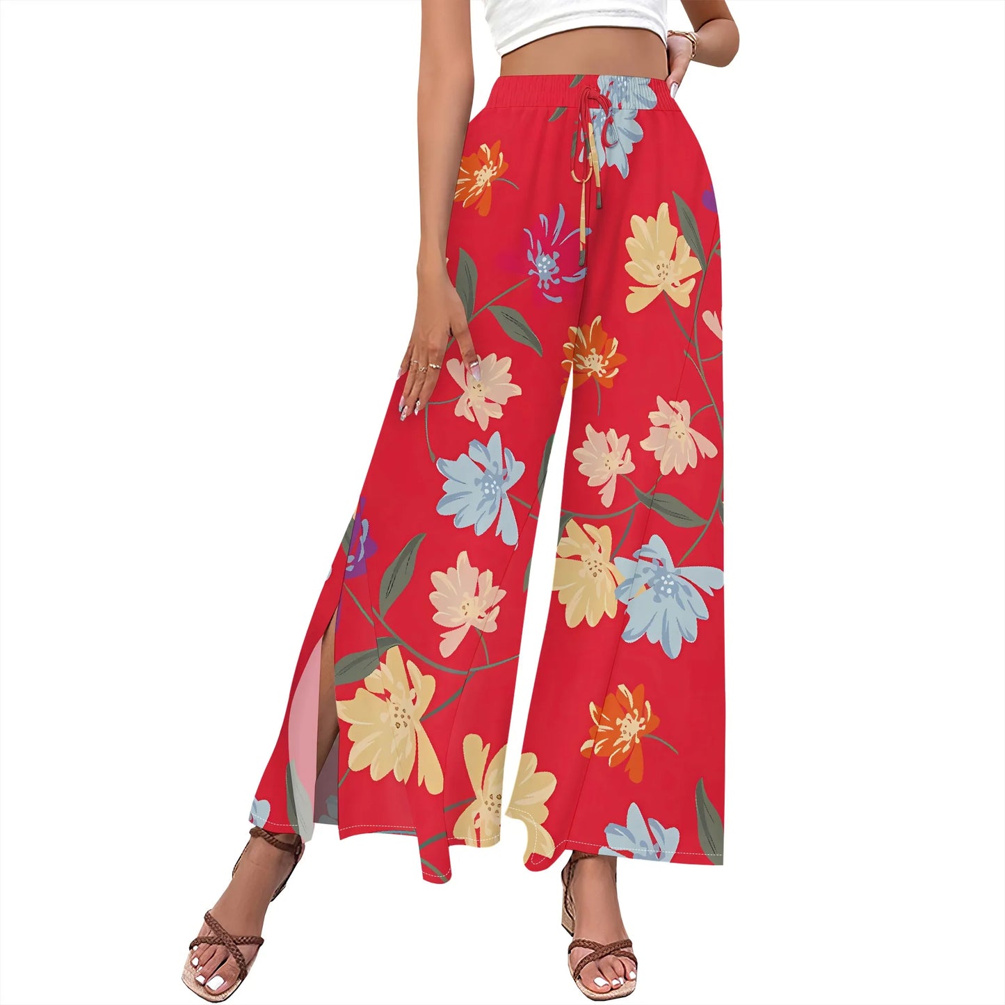 Women's clothing 2025 spring/summer new item custom casual slim fit floral mid waist fashionable wide leg pants beach pants low