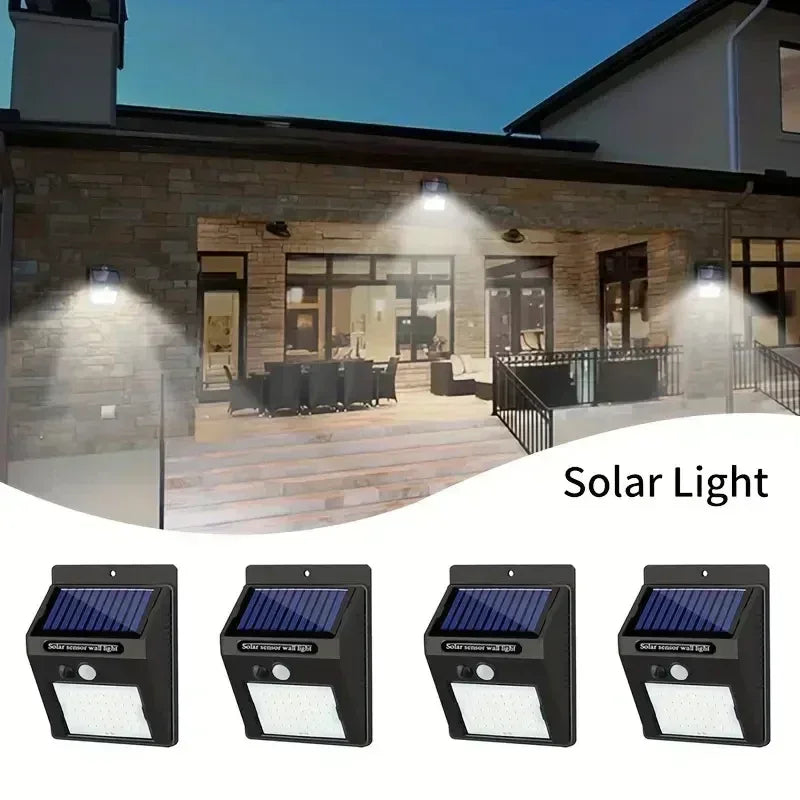 IP45 Waterproof Solar Outdoor Lights - Set of 4 motion sensor security lights with 3 lighting modes for garden fences, garages.