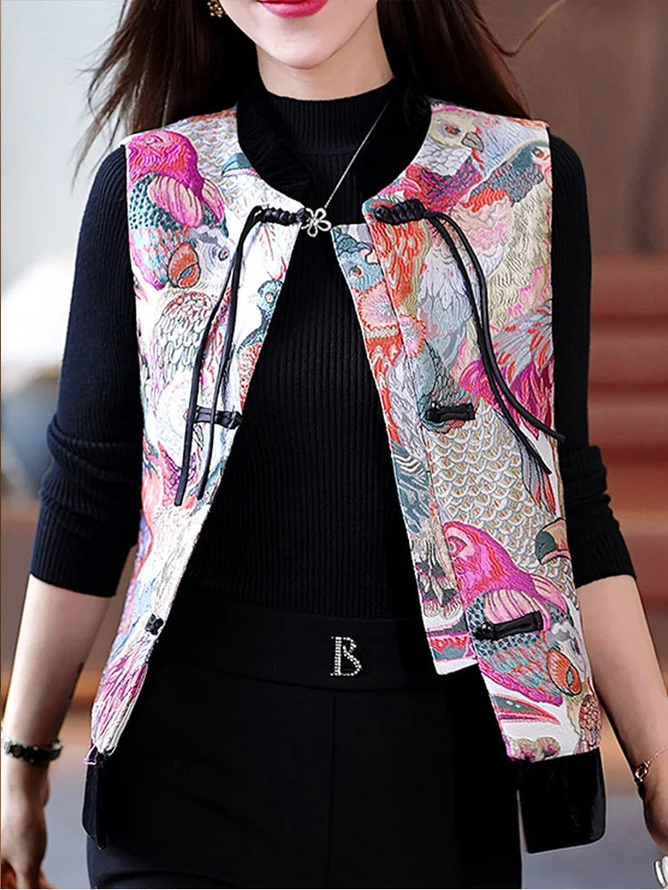 Elegant sleeveless vest jacket women vest new Chinese style Tang suit top cardigan with pockets can be worn in all seasons