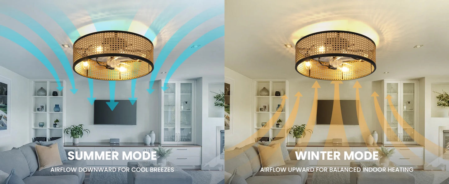 20" Flush Mount Ceiling Fan with Light & Remote Control, Drum Shade, Bladeless/Quiet Motor/Low Profile, for Kitchen Bedroom