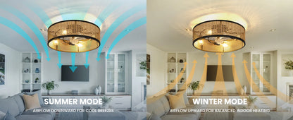 20" Flush Mount Ceiling Fan with Light & Remote Control, Drum Shade, Bladeless/Quiet Motor/Low Profile, for Kitchen Bedroom