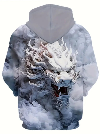 Men's 3D Digital White Dragon Smoke Printed Hoodie with Drawstring and Pocket, Spring and Autumn Sports Fashion Hoodie, Suitable