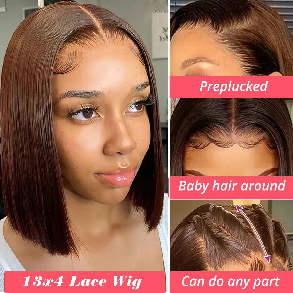 13x4 Chocolate Brown Lace Front Human Hair Wigs For Women Pre Plucked Transparent Colored Lace Frontal Short Bob Wig Human Hair