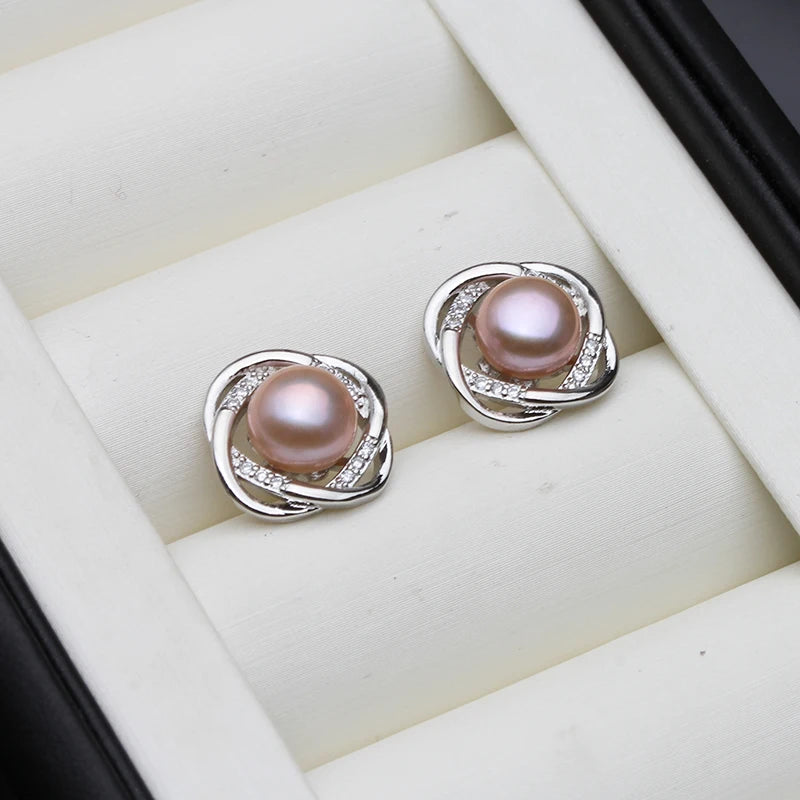Wedding Natural Freshwater Stud Earrings With Pearls For Women,Silver 925 Pearl Earrings Wife Girls Birthday Gift White Black