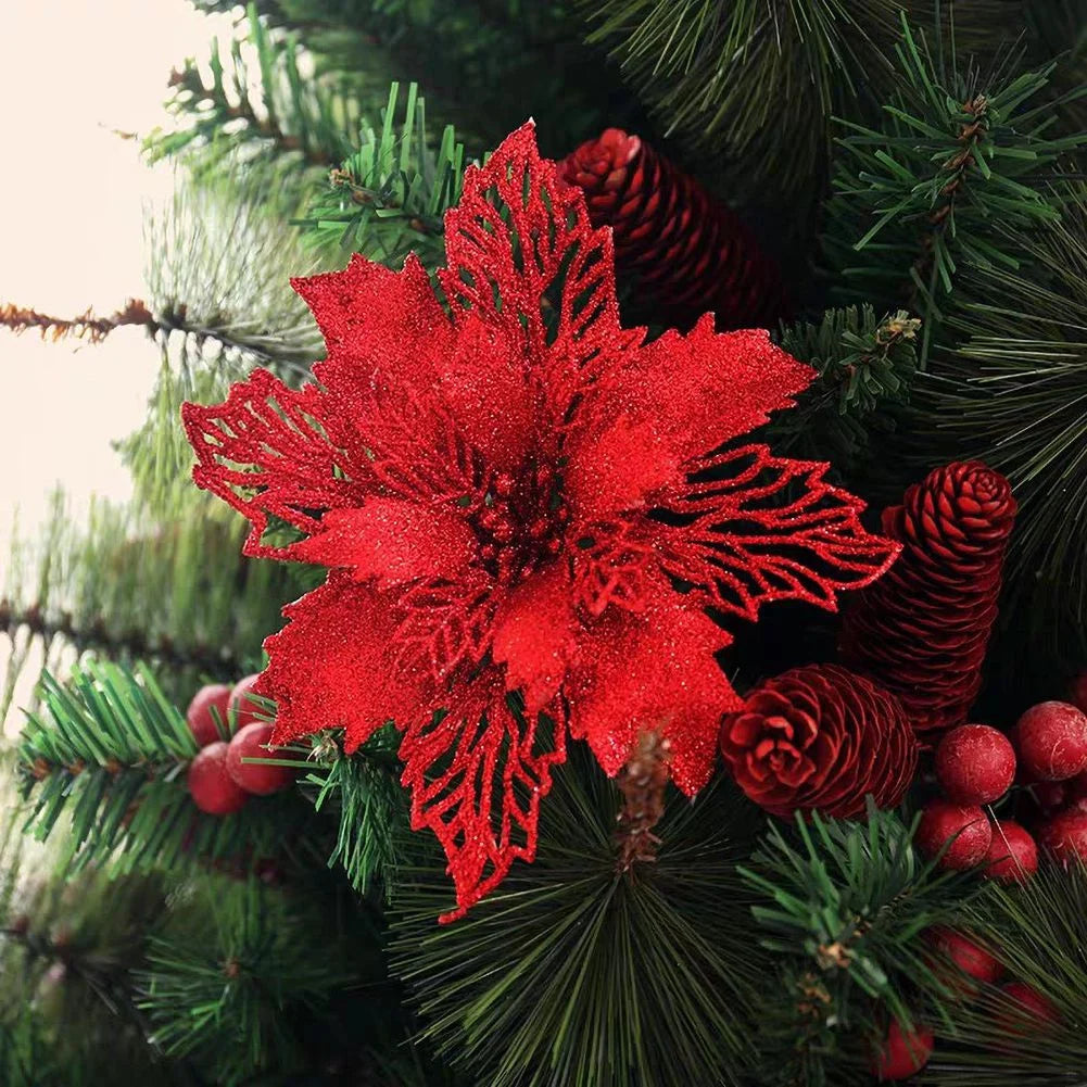 10pcs/set Christmas Glitter Flower 10cm Gold Silver Red Artificial Floral Head Xmas Tree Decoration Home New Year Navidad Gift