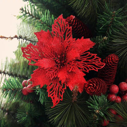 10pcs/set Christmas Glitter Flower 10cm Gold Silver Red Artificial Floral Head Xmas Tree Decoration Home New Year Navidad Gift