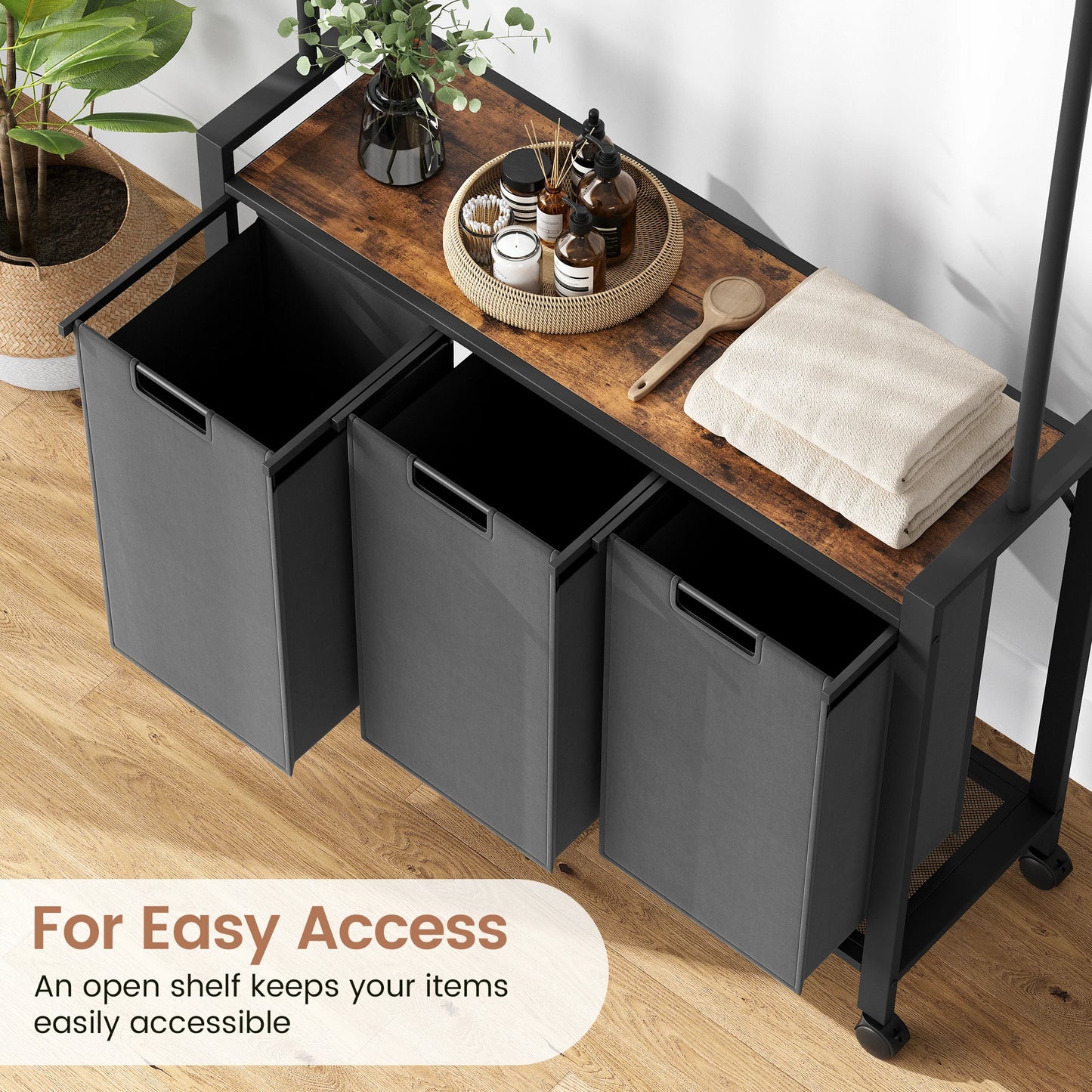 1 Set Ironwood Hanging Laundry Basket Telescopic with Clothes Hanging Rod and Wooden Storage Shelf for Laundry Room Storage