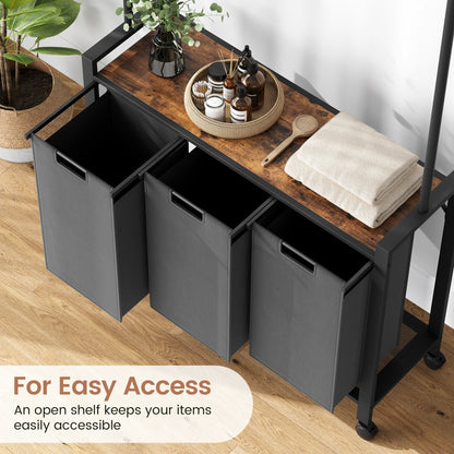 1 Set Ironwood Hanging Laundry Basket Telescopic with Clothes Hanging Rod and Wooden Storage Shelf for Laundry Room Storage