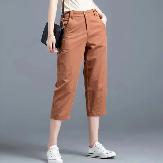 Women Clothing New Summer Simple Casual Cotton Linen Haren Capri Pants Female Solid High Waist Loose Cropped Trousers Pantalones
