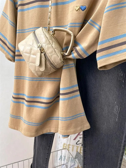 Women's Clothing American Beautiful Contrast Stripe Short Sleeve T-Shirt Summer Loose Casual Versatile Fashion Top