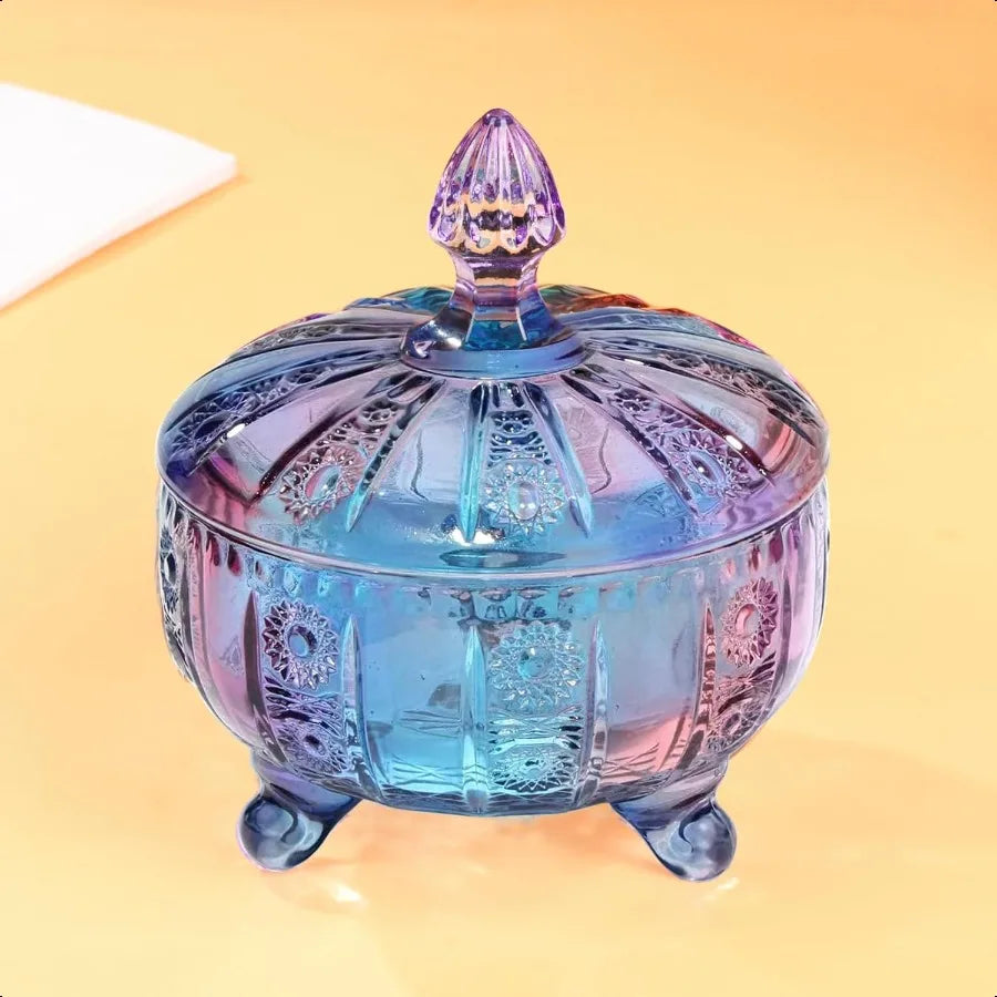 Purple Glass Candy Dish with LidEmbossed Candy Jar with Lid 16oz Vintage Candy Dishes Bowl with Lids for Office Desk Coffee Tab