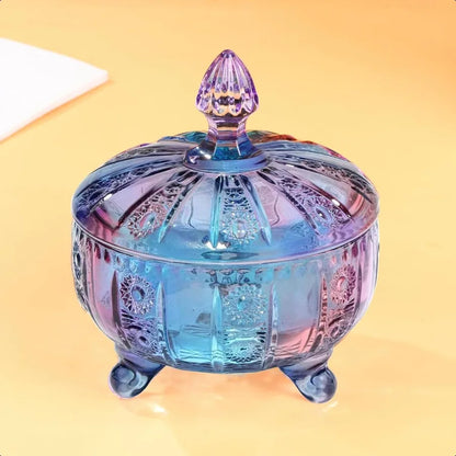 Purple Glass Candy Dish with LidEmbossed Candy Jar with Lid 16oz Vintage Candy Dishes Bowl with Lids for Office Desk Coffee Tab