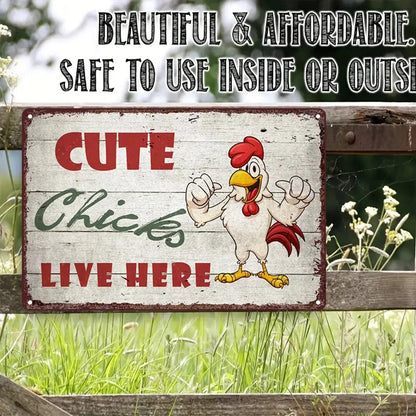 Vintage Rooster Metal Tin Sign - "Cute Chicks Live Here" Wall Decor for Home, Bar, Farmhouse, 7.87x11.81 inch