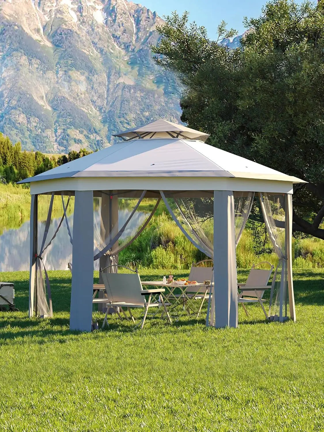 Pop Up Gazebo 13x13ft Hexagonal Canopy Shelter Instant Patio Tent with Mesh Netting Steel Frame for Outdoor Backyard Garden
