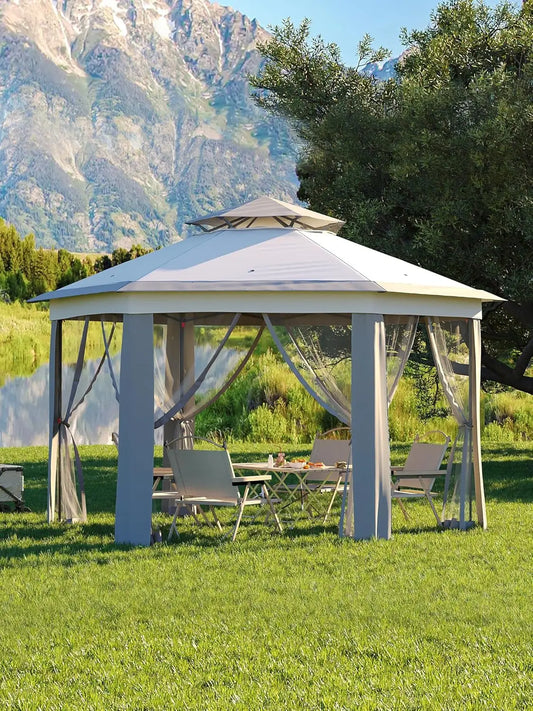 Pop Up Gazebo 13x13ft Hexagonal Canopy Shelter Instant Patio Tent with Mesh Netting Steel Frame for Outdoor Backyard Garden