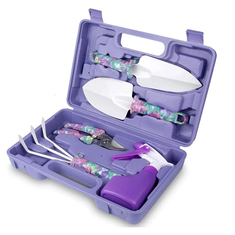 Garden Tools Set Garden Planting Floral Print Ergonomic Handle Trowel Rake Weeder Pruner Shears Sprayer Garden Printing Tool Set