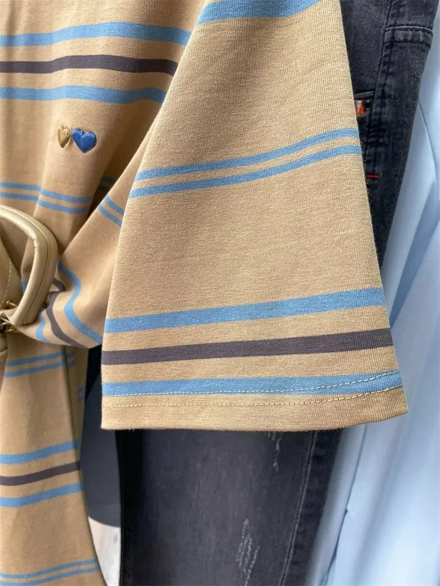 Women's Clothing American Beautiful Contrast Stripe Short Sleeve T-Shirt Summer Loose Casual Versatile Fashion Top