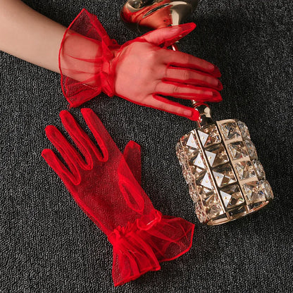 Women Short Tulle Gloves Sexy Lace Mittens Tulle Full Finger Gloves Lady Driving Glove Transparent Mittens Wedding Bridal Gloves