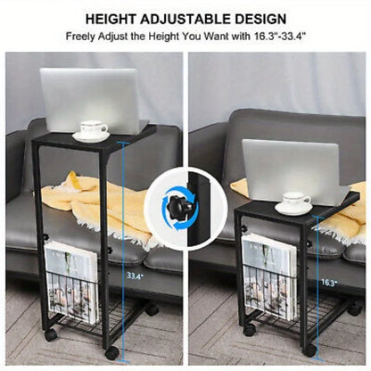 Adjustable C Table Side Table Bedroom Rolling End Table w/ Storage Basket Shelf