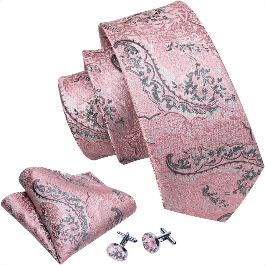 Barry.Wang Men Ties Paisley Woven Silk Necktie Set with Pocket Suqare Cufflinks Formal