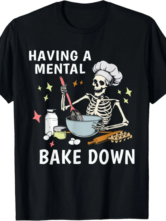 Men's Funny Skeleton Baker T-Shirt - 'Having a Mental Bake' Cotton Short Sleeve Tee, Whimsical Design, Perfect for Casual Wear
