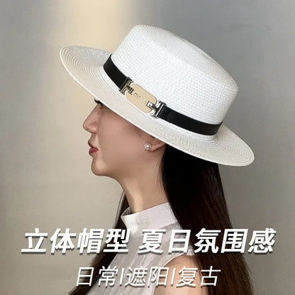 Fashion Trend Flat Top Top Hat Womens New Seaside Holiday Sunscreen Sun Hat Versatile Face Small Straw Hat Summer Hats for Women