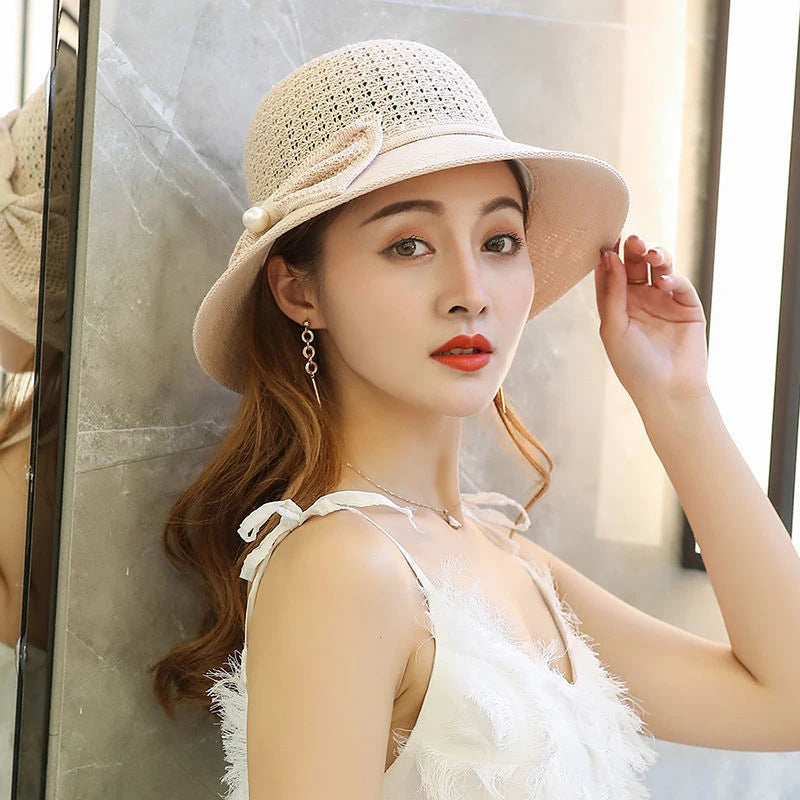 Women Straw Hats Sun Hats Straw Hat Ladies Panama Cap Sun Protection Wide Brim Ribbon Bowknot Girls Outdoor Summer Beach Sun Hat