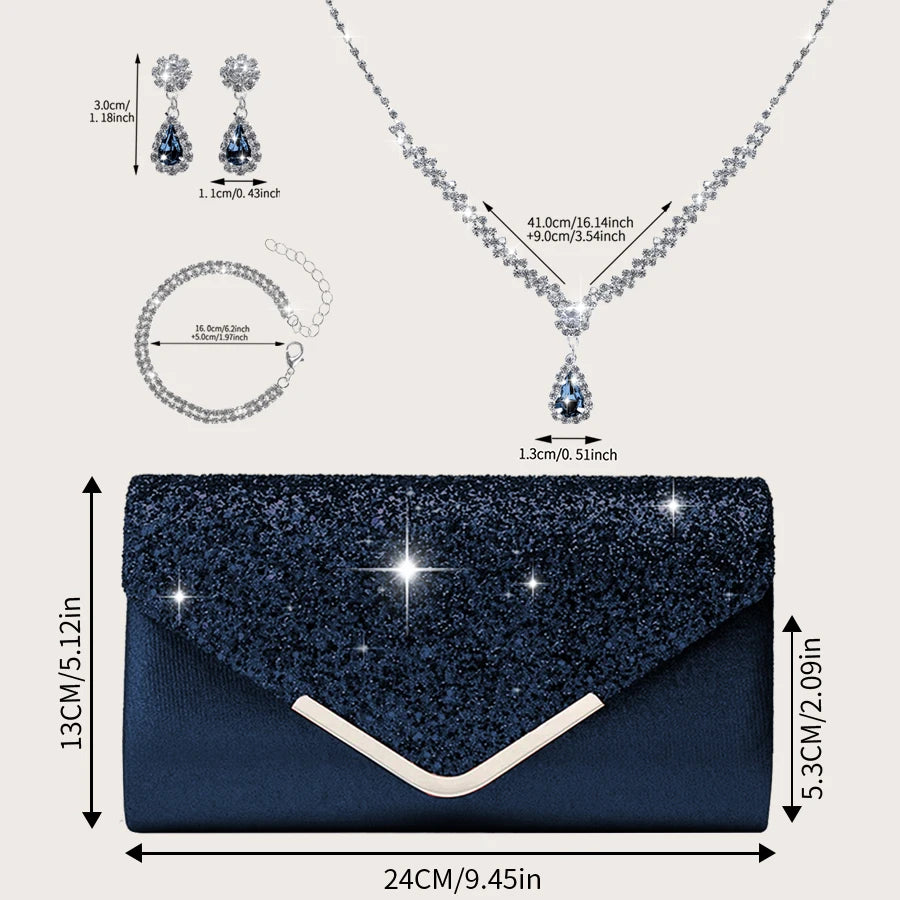 Gorgeous and elegant sparkly women's clutch bag, paired with a gorgeous rhinestone necklace, earrings and bracelet set of four.