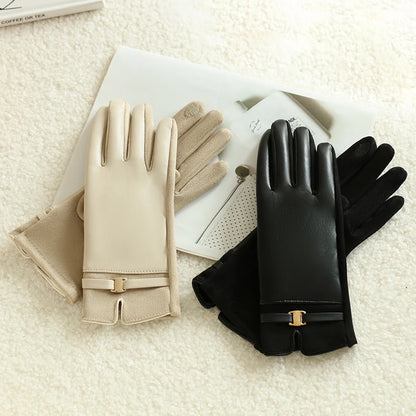 1 Pair of Gloves for Women in Winter Fleece-Lined to Heattech and Touch Screen Pu Elegant and Exquisite Cycling and Driving Gloves