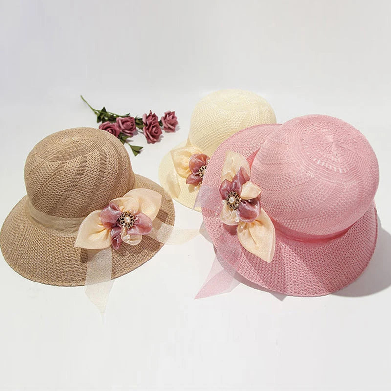 Women Straw Hats Sun Hats Straw Hat Ladies Panama Cap Sun Protection Wide Brim Ribbon Bowknot Girls Outdoor Summer Beach Sun Hat
