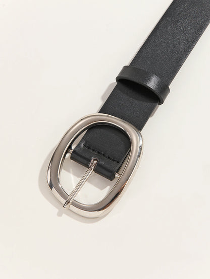 Women's Casual And Business Style black Belt With 3.2" Oval Buckle Adjustable Leatherette Waist Accessory