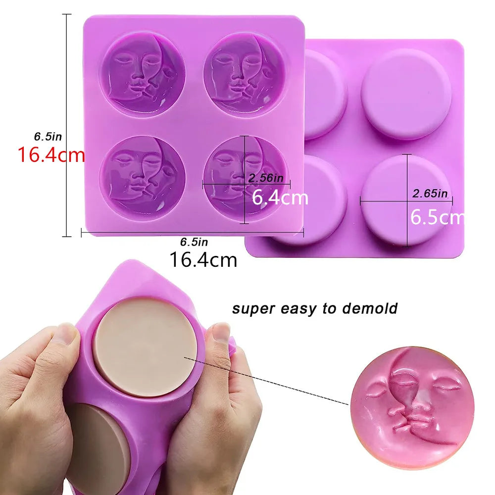 Sun & Moon Silicone Soap Molds 4 Cavity Crescent Moon Face Mould for Homemade Lotion Bar Bath Bombs Polymer Clay Wax Candle Make