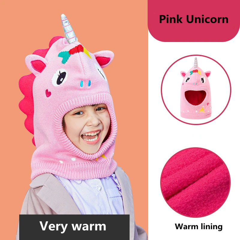 Kids Winter Hat Pompom Children Knitted Hats Baby Girls Boys 3D Animal Hat with Warm Fleece Lining Hats