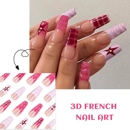 24pcs Glossy French False Nail Coffin Star Design Pink Purple Nude Artificial Nail for Hand Decoration Nail Art