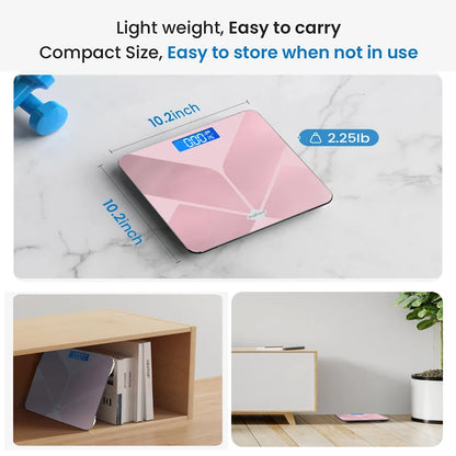 Pink Digital Bathroom Scale for Body Weight, Smart Scale with LCD display, temperature display High Strength Tempered Glass